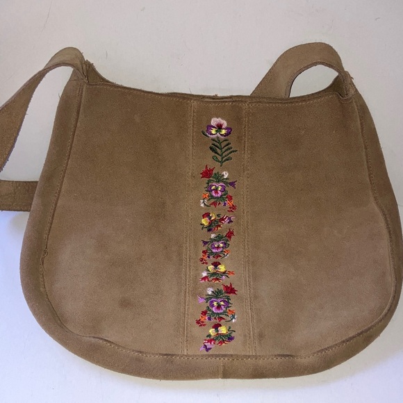 Vintage Tan Suede Shoulder Bag with Floral Embroidery - Picture 1 of 6